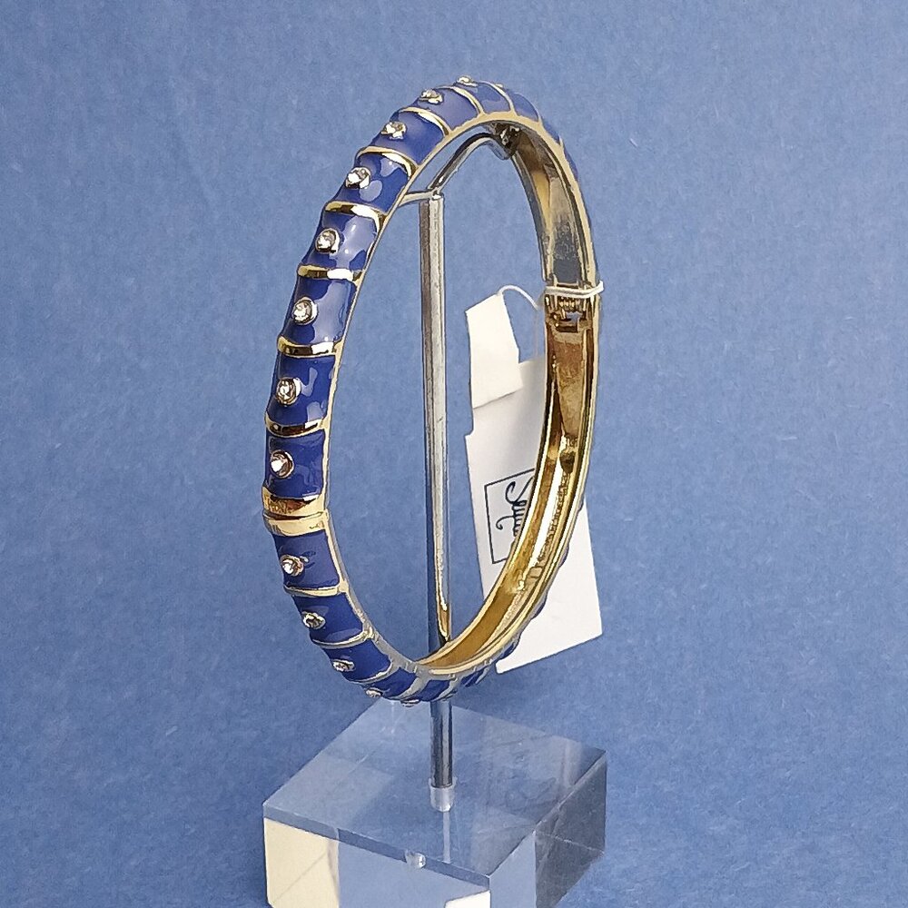 Navy Blue Gold Tone Rhinestone Enamel Hinge Bangle Skinny Bracelet Clamper Casua